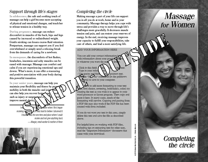 Sample outside of Massage for Women brochure.