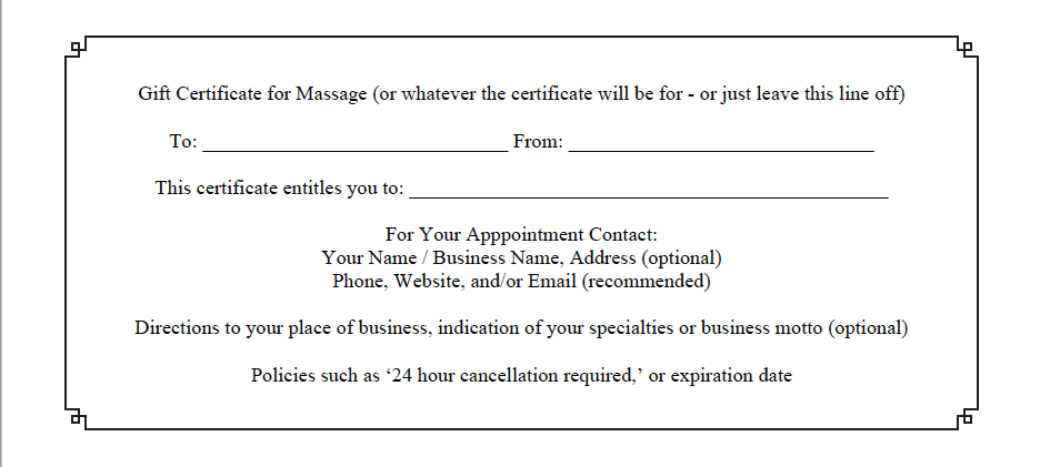 Sample inside of Gift Certificate.